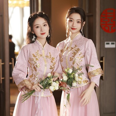 中式伴娘服女2024秋冬新款姐妹团粉色礼服小个子显瘦旗袍伴娘裙装