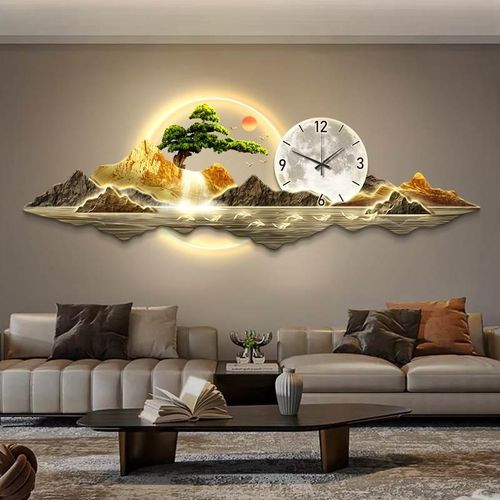 流水生财客厅装饰画山水画沙发背景墙挂画新中式迎客松壁灯画钟表