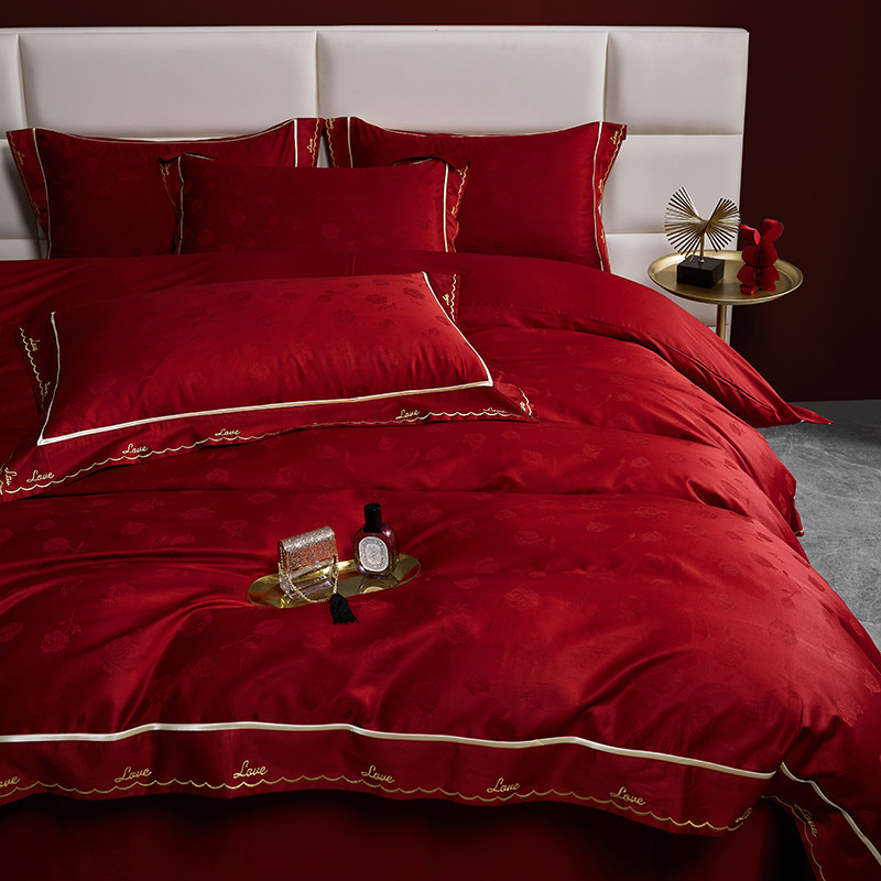 法式浪漫玫瑰婚庆四件套100S长绒棉贡缎提花纯棉被套结婚床上用品