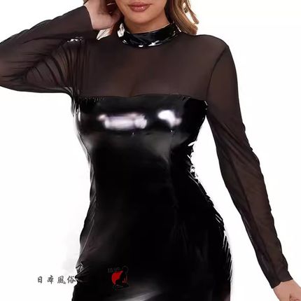 加大码5XL胖MM包臀亮皮拼接透纱修身显瘦黑色女士短款长袖连衣裙