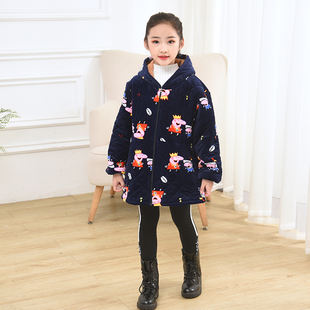 水晶绒秋冬女童羽绒服罩衣儿童加厚长袖带拉链画画护衣宝宝吃饭衣