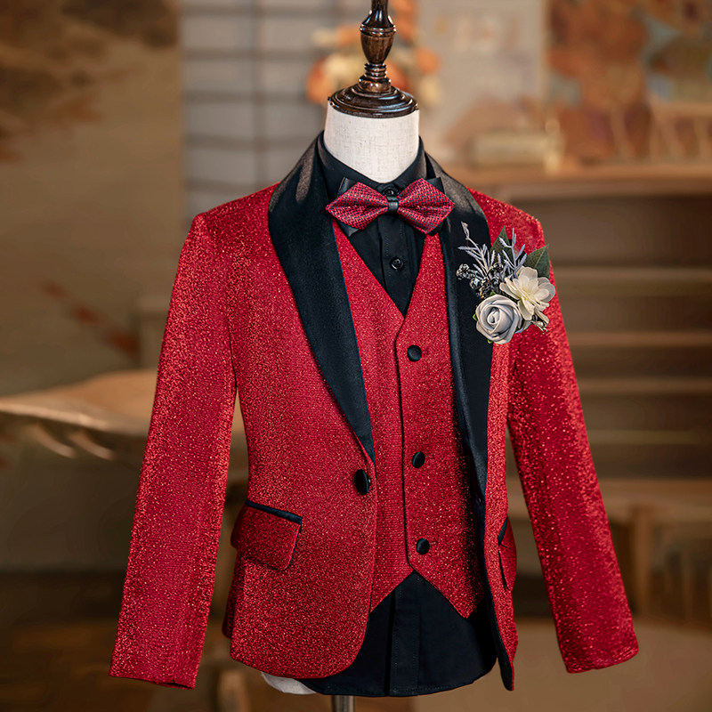 红色儿童西装套装钢琴演奏演出服男童走秀亮片花童春节主持人礼服