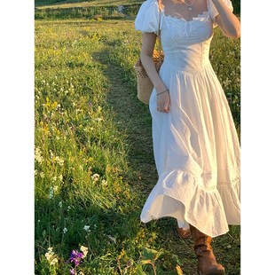 VASSE美蟹 法式复古连衣裙子女夏季小个子气质海边度假裙白色长裙