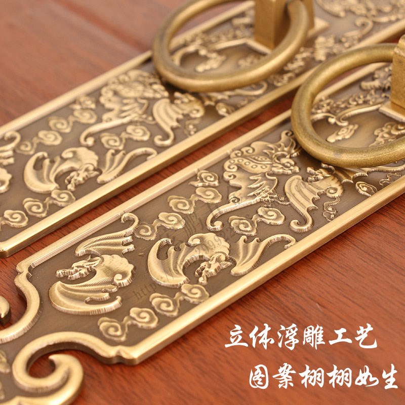 加厚浮雕大门铜门把手中式复古房门拉手仿古纯铜木门福禄寿喜门环