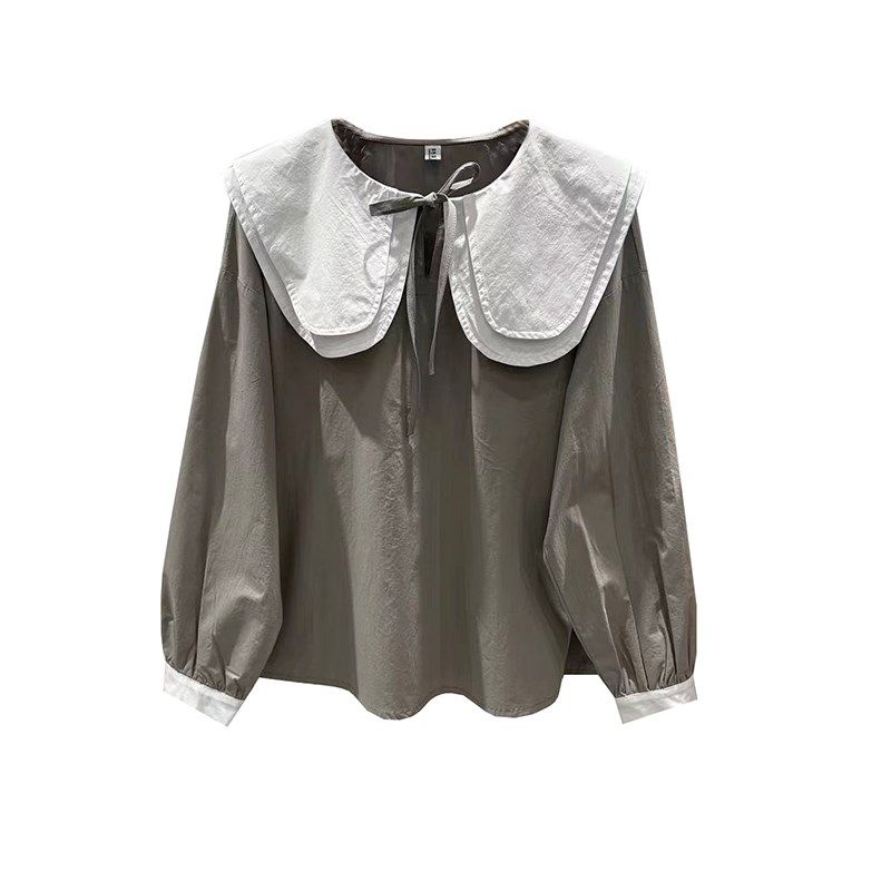 彩色豆豆家春季新款双层白色大领子系带套头棉布长袖女衬衫上衣