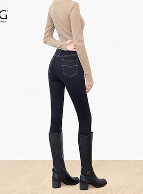 SJOG提臀力!黑色加绒靴裤高腰收腹牛仔裤女九分紧身小脚裤铅笔裤