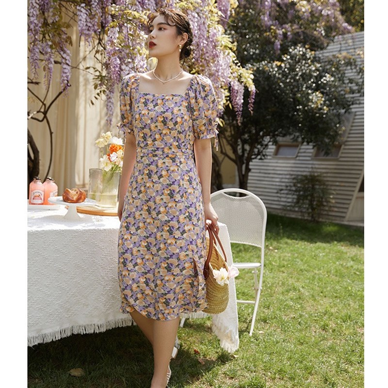 独束大码女装紫色碎花连衣裙女收腰新款夏天胖mm茶歇裙法式