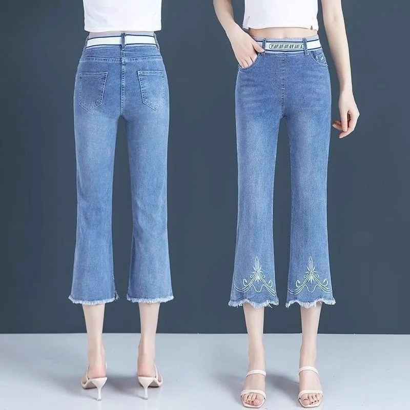 高腰显瘦微喇七分牛仔裤女士夏季薄款2024年新款7分宽松喇叭裤子