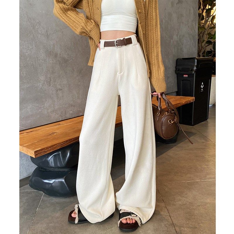 白色针织阔腿裤女2024新款秋冬加绒大码胖mm休闲直筒纹理西装裤子