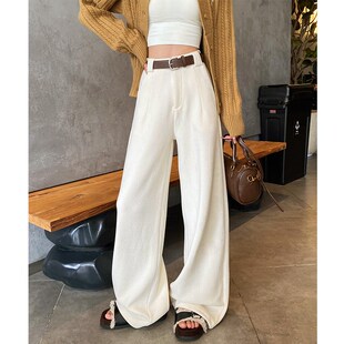 白色针织阔腿裤女2024新款秋冬加绒大码胖mm休闲直筒纹理西装裤子