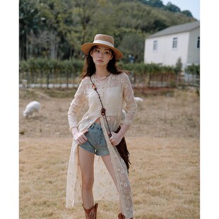 波西米亚钩花长款防晒衣针织开衫镂空叠穿长袖罩衫度假风连衣裙女