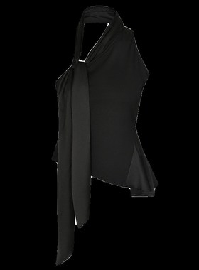 EMPTY PAGE黑色拼接斜肩背心女围脖飘带收腰单肩褶皱上衣