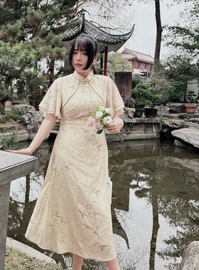 31368新中式国风素雅荷叶袖改良长款旗袍少女绿色优雅大码连衣裙