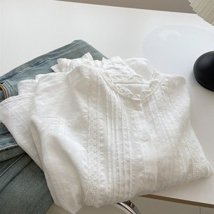 法式木耳边立领白衬衫女!2024春百搭小个子气质内搭长袖小衫衬衣