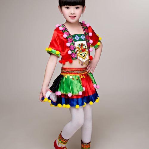 新款儿童演出服装女童少数民族苗族表演舞蹈表演服打泥巴舞蹈演出