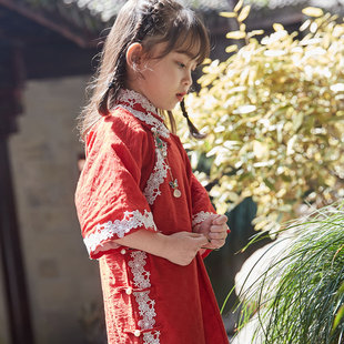 全开襟中国风儿童旗袍女春夏夏季民国风民国装女童夏长款红色