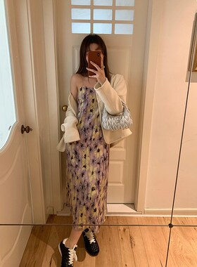 NAZ那子大码春季新款高腰时尚气质波纹水彩花胖mm百褶吊带连衣裙