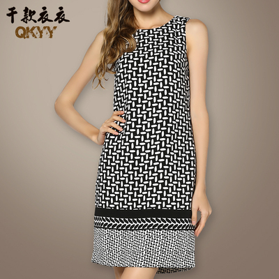 优雅黑白花印格子条纹无袖背心h型连衣裙大码女装夏季气质a字直筒