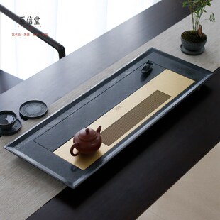 至信堂乌金石茶盘整块石头茶台铜石结合石材茶海家用茶具干湿两用