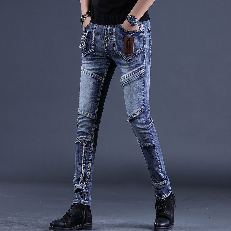 美式拉链牛仔裤男蓝色修身小脚2024春季新款拼接弹力休闲长裤子男