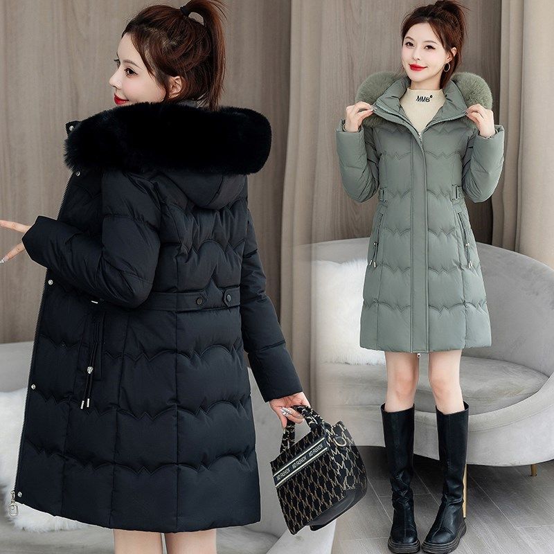 羽绒棉服女中长款冬季新款带毛领加厚妈妈外套保暖收腰小个子棉衣