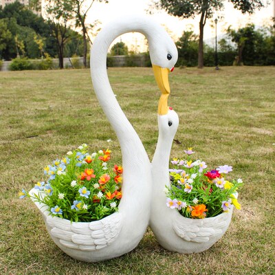 户外庭院造景布置白天鹅造型花盆幼儿园卡通动物花缸花园装饰摆件