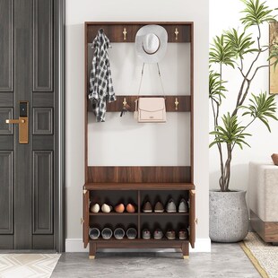 纯实木挂衣架胡桃色新中式衣帽架换鞋凳入门柜门厅柜玄关实木鞋柜