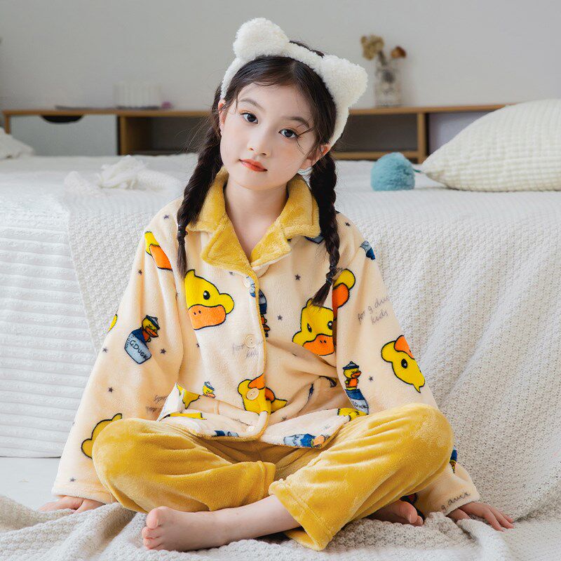 新款珊瑚绒儿童睡衣加厚款中大童法兰绒家居服秋冬季加绒保暖套装