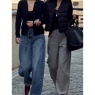 梨形身材小个子直筒阔腿裤 灰色加绒加厚毛呢休闲裤 大码 新款 女冬季