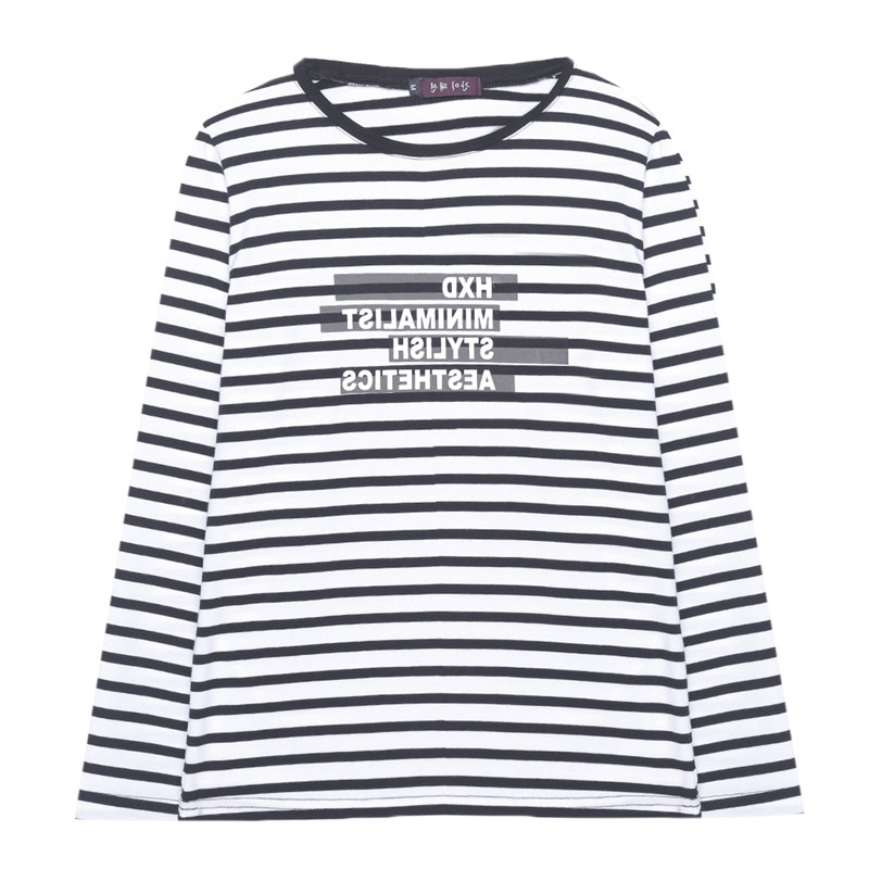 春秋装新款妈妈纯棉长袖t恤女中老年条纹上衣宽松大码打底衫外穿