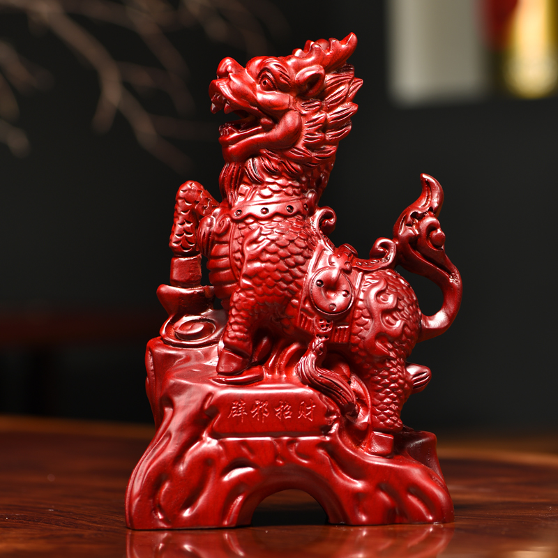 红花梨木雕麒麟摆件实木一对家居客厅玄关办公桌面摆设装饰工艺品