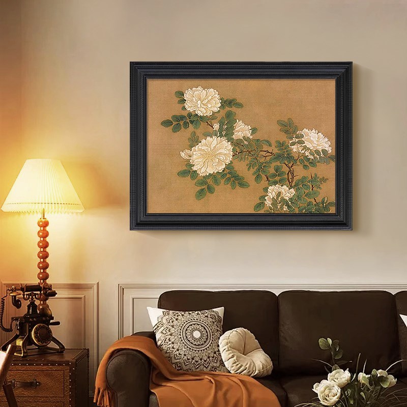 中古风牡丹花纯手绘油画客厅复古中式装饰画茶室书房宋代美学挂画图片