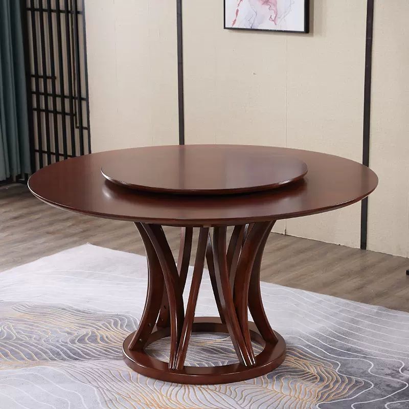 全实木大圆桌子椅子一中式人人1人家用现代农村饭桌带转盘