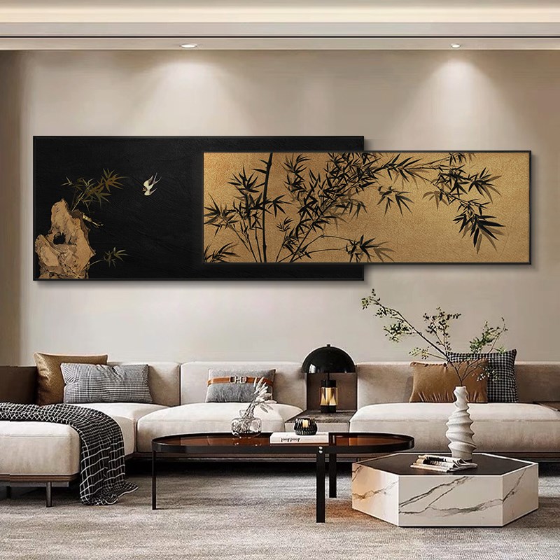 中古风客厅复古花鸟竹子装饰画卧室床头高级感横幅叠加挂画框