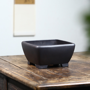 玖紫轩精品紫砂花盆四方古红泥斗笠老桩凤尾勒竹植物盆景桌面古典