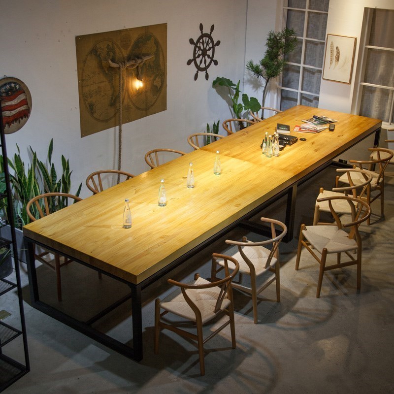 loft实木大板会议桌办公桌大型培训洽谈桌椅工业风长条工作台