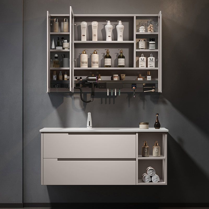 现代简约陶瓷一体盆浴室柜组合卫生间洗手台洗脸盆电吹风机架镜柜