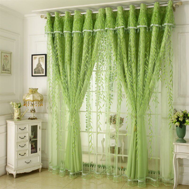 绿色窗帘成品现代遮光布一米印花纱帘客厅卧室落地窗飘窗