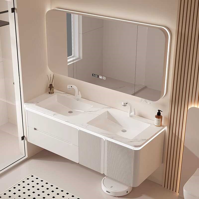 简约奶油风岩板热弯一体双盆浴室柜组合卫生间洗脸洗手池洗漱台柜