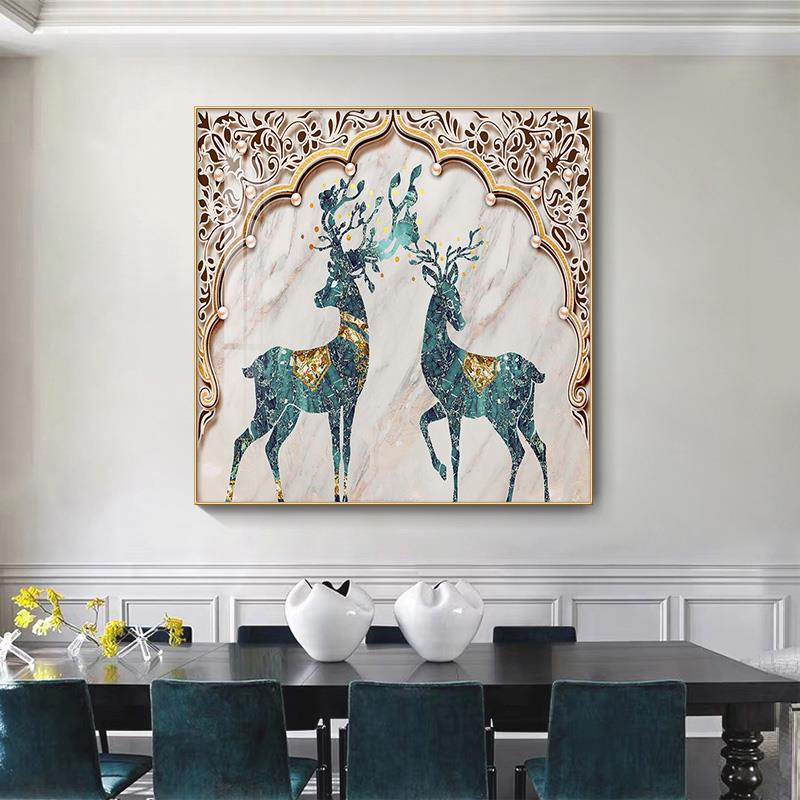 轻奢餐厅装饰画现代简约玄关门厅餐桌背景墙挂画饭厅饭店麋鹿壁画图片