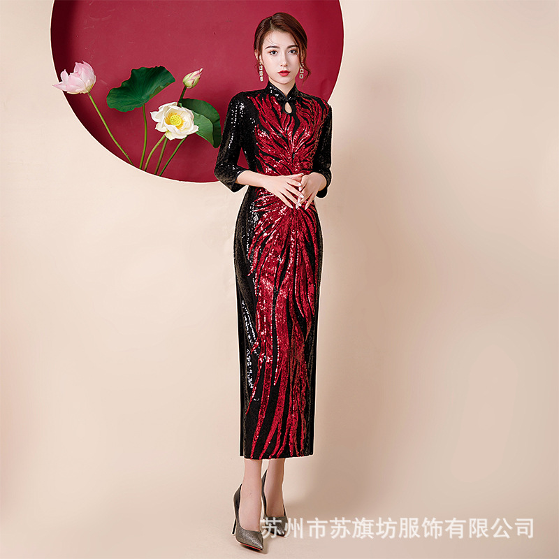 2025新款2022新款亮片贴花旗袍走