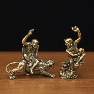 纯实心铜雕伏虎罗汉小摆件彷古铜艺微雕罗汉铜佛像古玩小铜器铜把
