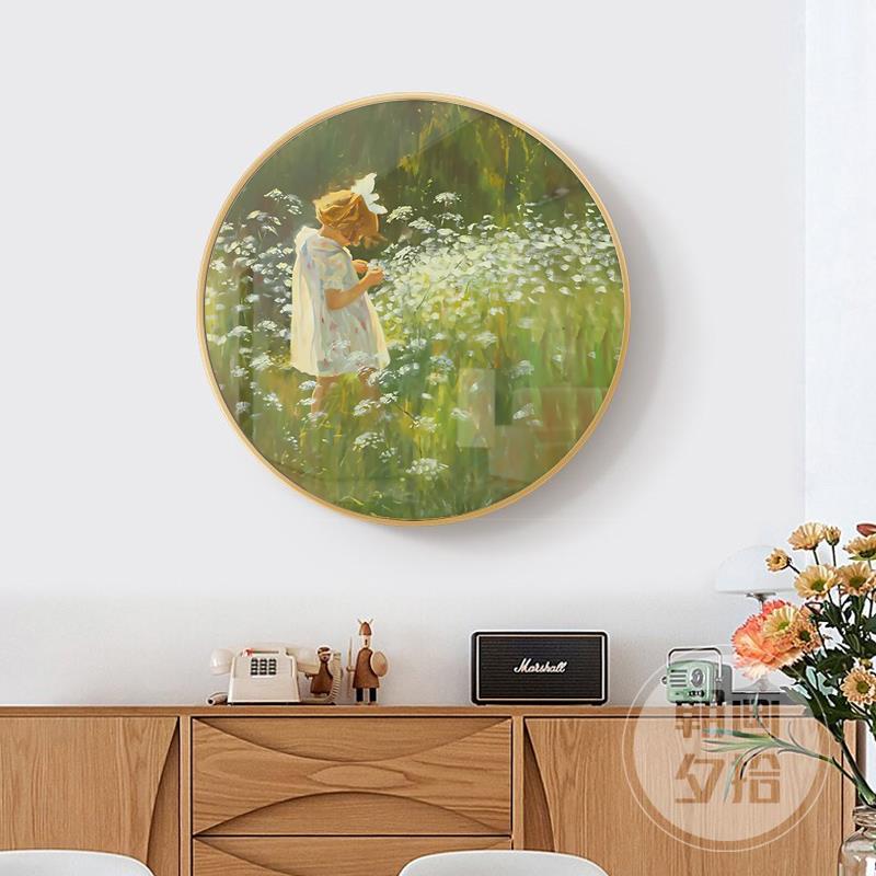 玫瑰女孩圆形复古装饰画餐厅卧室儿童房墙面挂画治愈系背景墙壁画图片
