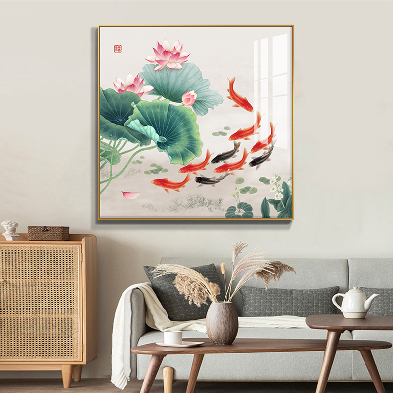 中式正方形九鱼图玄关装饰画鲤鱼饭餐厅入户背景墙客厅背景墙挂画图片