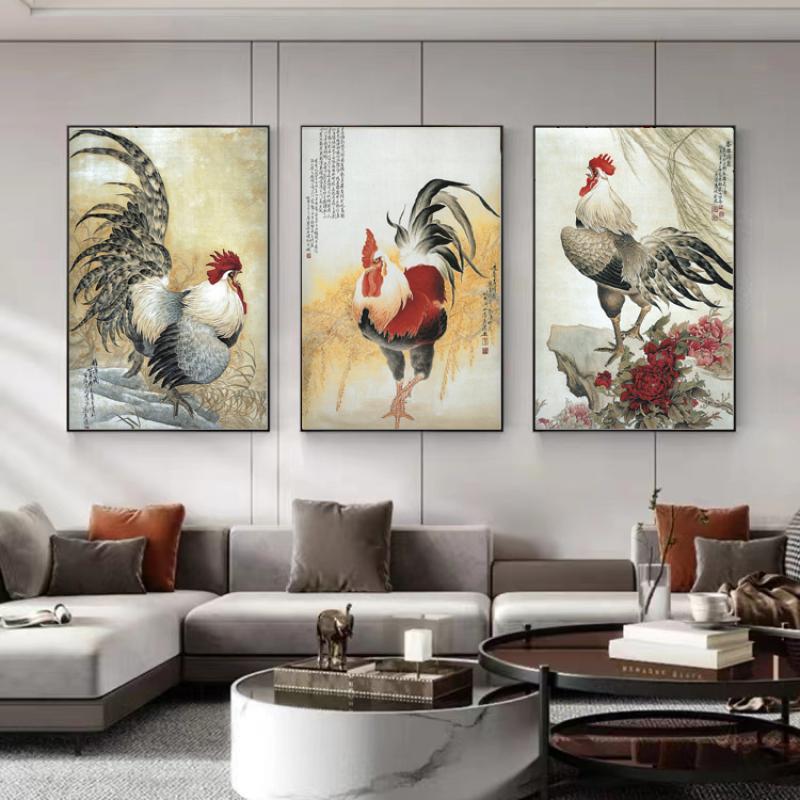 公鸡挂画 中式玄关风水晶瓷挂画书房背景墙雄鸡图 金鸡报晓装饰画图片