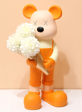 暴力熊捧花摆件橘色家居抱花熊花瓶玄关装饰品摆设结婚送新人礼物