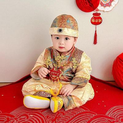 2025新款23秋季新品男宝宝周岁抓周服生日宴百天礼服中式唐装冠衣
