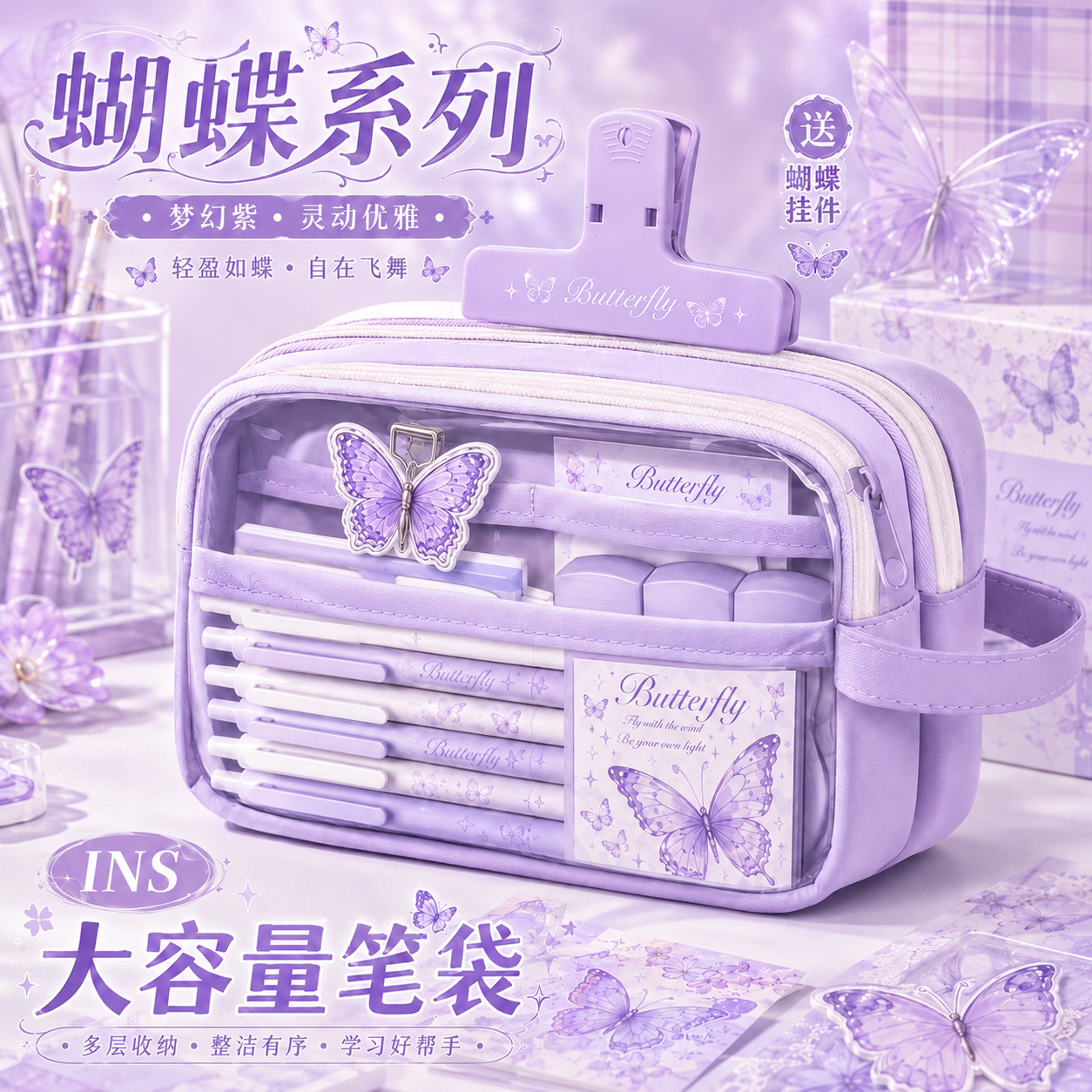 ins 紫羽蝶梦蝴蝶笔袋文具全套五层透明大容量配手提礼品袋少女闺蜜生日礼物初高中学生开学一站式文具大礼包