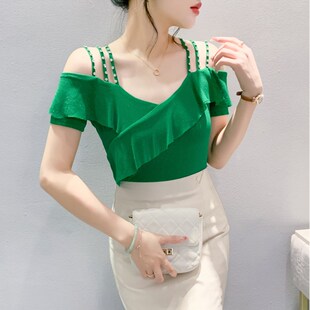 设计感荷叶边钉珠上衣女性感一字领露肩短袖T恤洋气吊带网纱小衫