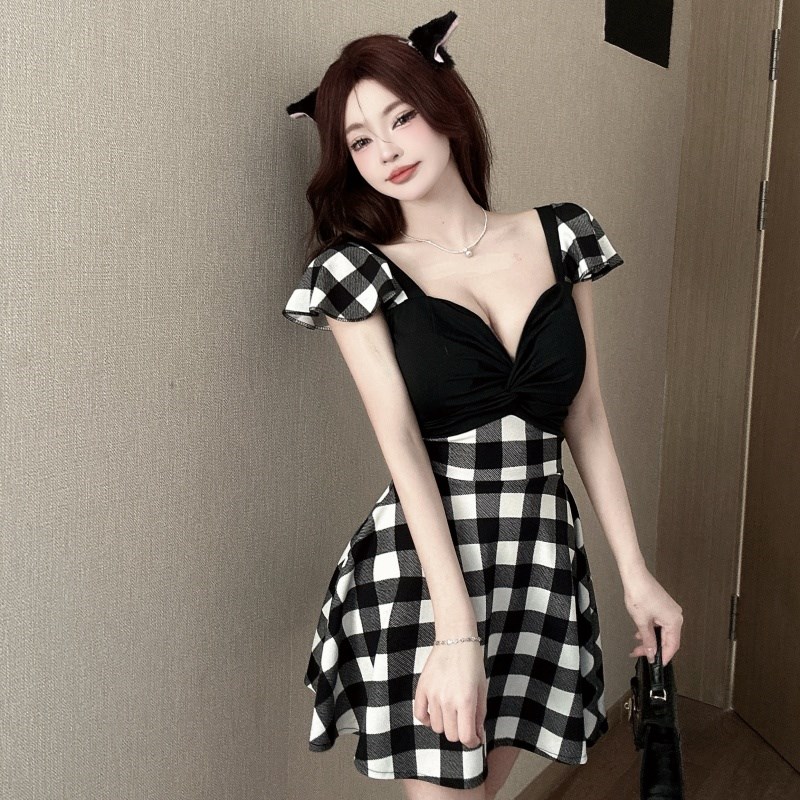 性感v领拼色爆露低胸连衣裙夏季女装短袖A字裙上班衣服夜场工作服